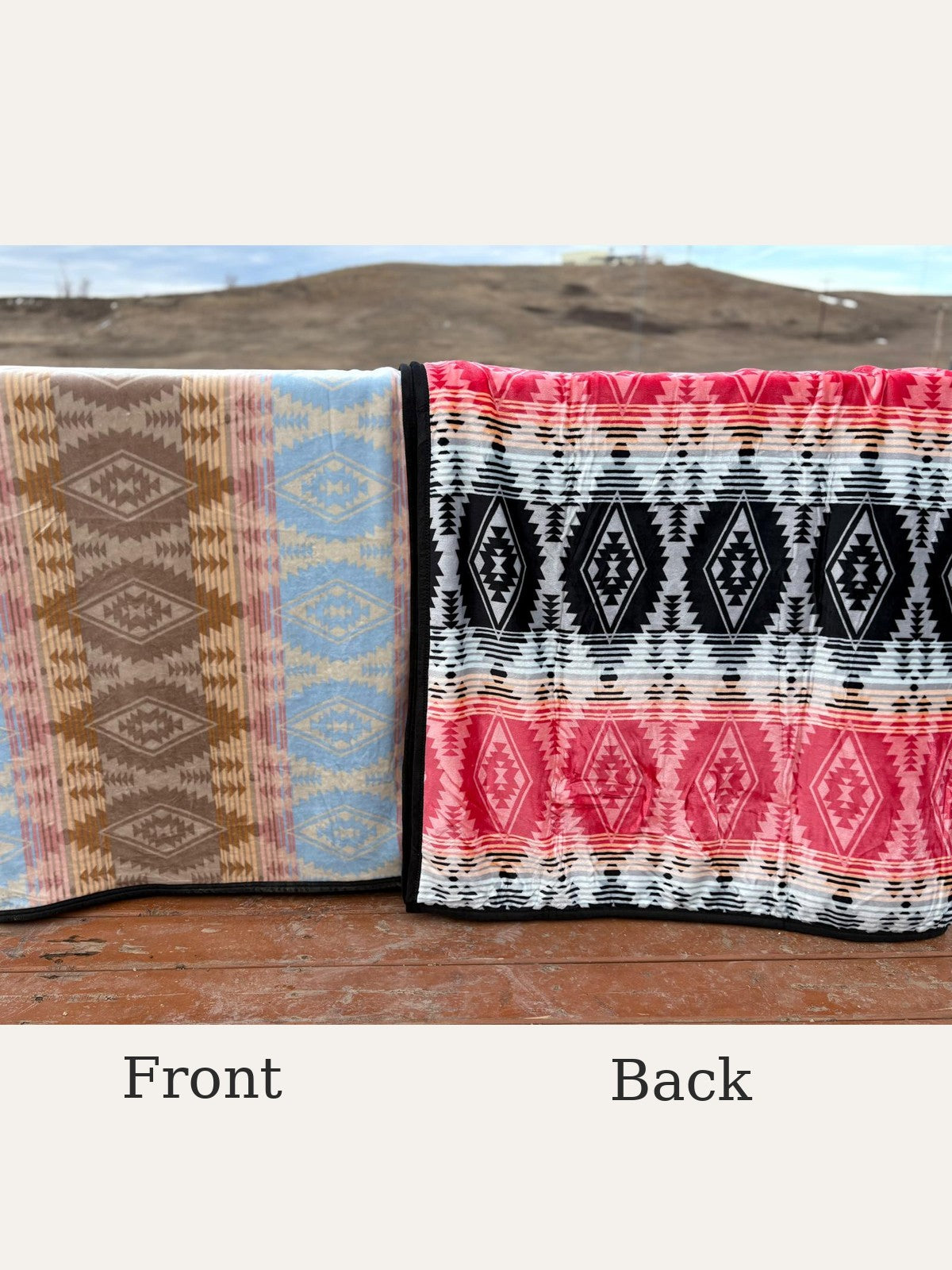 GS Blankets Tan & Blue Zigzag Queen blanket front and back